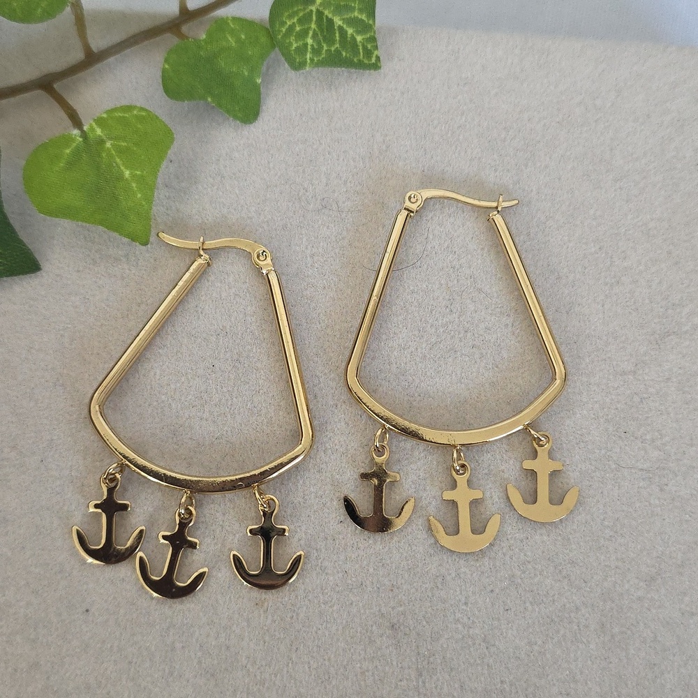 Gold Stainless Steel Hoop Earrings with Dangle Anchor Charms